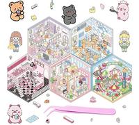 5Sets DIY 3D House Stickers, Multi-Themed Fun Scene Make Your Own Decal, Cute Cartoon Miniature Therapy Game with Tweezer for Kids Adults Relief Pass Time Decorate Family Craft Scrapbook Laptop