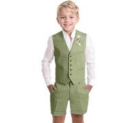 5T Suits for Boys Summer Kids Green Linen Waistcoat Tuxedo Wedding Ring Bearer Outfit Dress Clothes 3 Piece Boy's Vest Shorts Tie Set