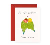 5th Anniversary Card for Couples - Romantic Greeting Card “Five Year Down Love Birds” - Gifts for Wife, Husband, Spouse, Partner, Him, Her - Fifth Year Together -Comes with Stickers