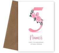 5th Anniversary Card for Wife Husband - Floral Number 5 with Custom Names - Celebrate Anniversaries with 5th Anniversary Card for Couple - 5 Years as Husband and Wife