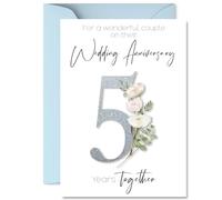 5th Anniversary Card for Women Men - Fancy Floral Flowers - Happy 5 Year Anniversary Card for Husband Companion Boyfriend Girlfriend, A5 Wedding Anniversaries Greeting Cards