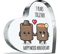 5th Anniversary Plaque Gifts for Wife Husband - Happy Wood Anniversary - I Love You Romantic Acrylic Heart Gift For Women Men, 100mm x 100mm Present For Couples Fifth Wedding Anniversaries