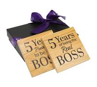 5th Anniversary Solid Oak Coaster Set in Presentation Box. Great Gift in Wood for Couple with sense of humour. Boss and Real Boss Drinks Mats in Gift Box. Ready to Give. Wooden Wedding Him and Her