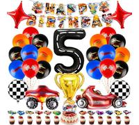 5th Auto Birthday Decorations for Boys, Foil Balloons Cake Decorations Car Theme Party Decorations Party Supplies Cake Topper Happy Birthday Banner Latex Balloons Cupcake Toppers for Kids Girl