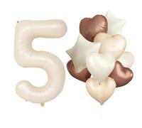 5th Birthday Balloon, Beige Birthday Decoration 5 Year with Giant Foil Balloon 5 Cream Apricot Brown Heart Star Foil Balloons for 5th Birthday Boy Girl Birthday Decoration Party
