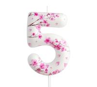5th Birthday Candle Cherry Blossom Number 5 Candle Cherry Blossom Cake Decoration Birthday Party Supplies White Pink Sakura Themed Cake Topper Decoration for Kids Boy Girl Party Decor Supplies