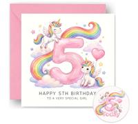 5th Birthday Card Badge Gift for Girls - Five Today - 5 Years Old - Rainbow Unicorns Design - Happy Fifth Birthday Card for Granddaughter Niece Daughter Toddler - Includes Pink Envelope - 14cm