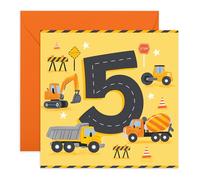 5th Birthday Card - Construction Trucks - Diggers Dump Trucks Cement Mixers - Fun Greeting Card for Kids Children Boys Son Nephew Grandson Godson Him - Five Years Old -Comes with Stickers