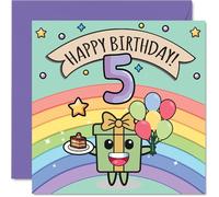 5th Birthday Card, Cute Rainbow Present Balloons Cake