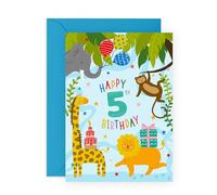 5th Birthday Card - Cute Safari Animals - Presents for Kids, Boys, Girls, Niece, Nephew, Son, Daughter, Godchild - Fun Jungle Theme for Five Year Olds- Comes with Stickers
