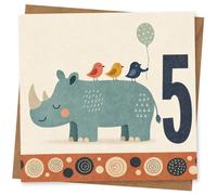 5th Birthday Card for Boy or Girl, Cute Rhino and Birds Design, Children's Age 5 Birthday Greeting Card