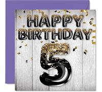 5th Birthday Card for Boys - Black & Gold Glitter Balloons - Happy Birthday Cards for 5 Year Old Boy Son Brother Grandson Cousin, 145mm Bday Greeting Cards Gift