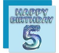 5th Birthday Card for Boys - Blue Glitter Party Balloon - Happy Birthday Cards for 5 Year Old Boy Grandson Son Brother Nephew, 145mm Bday Greeting Cards Gift