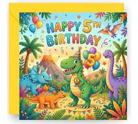 5th Birthday Card for Boys - Five Today - 5 Years Old - Cute Dinosaur Design - Happy Fifth Birthday Greeting Card for Grandson Nephew Son- Includes Yellow Envelope - 14cm