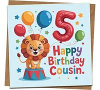 5th Birthday Card for Cousin - Cute Lion & Balloon Design, Colourful Kids Happy Birthday, Age 5, 145mm x 145mm Square Greeting Card with Kraft Envelope