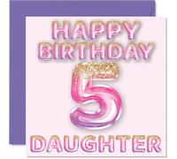 5th Birthday Card for Daughter - Pink & Purple Glitter Balloons - Happy Birthday Cards for 5 Year Old Daughter from Mum Dad Mummy Daddy Parents, 145mm Bday Greeting Cards Gift
