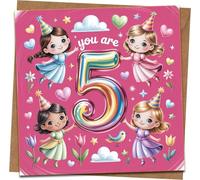 5th Birthday Card for Girl - Cute Fairy Princess Rainbow Number 5, Pink Square Greeting - 145mm x 145mm - Includes Kraft Envelope - for Daughter, Granddaughter, Niece