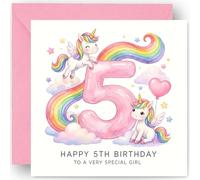 5th Birthday Card for Girls - Five Today - 5 Years Old - Rainbow Unicorns Design - Happy Fifth Birthday Card for Granddaughter Niece Daughter - Includes Pink Envelope - 14cm