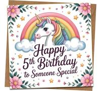 5th Birthday Card for Girls - Unicorn Rainbow Design, Happy 5th Birthday to Someone Special, 145mm x 145mm Square, Includes Kraft Envelope - Daughter Granddaughter Niece