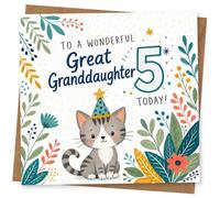 5th Birthday Card for Granddaughter, Cute Floral Cat Design | Blank inside for your own message; premium 360gsm card with matching envelope, designed and printed in the UK