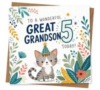 5th Birthday Card for Grandson, Cute Cat Party Design | Blank inside for your own message; premium 360gsm card with matching envelope, designed and printed in the UK