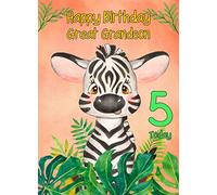 5th Birthday Card for Great Grandson (Zebra) - From Grandad Grandma Greeting Gift Keepsake Blank Inside Premium Quality Envelope Included UK Seller