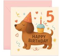 5th Birthday Card for Kids - Cute Sausage Dog Dachshund Puppy with Cupcake Design, for 5 Year Old Daughter Son Niece Granddaughter Sister Brother
