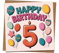 5th Birthday Card for Kids - Fun Balloon Design - Square 145mm x 145mm Greeting Card with Kraft Envelope - Happy Birthday Age 5 for Boy or Girl, Son, Daughter