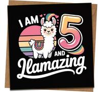 5th Birthday Card for Kids - I Am 5 and Llamazing Llama Design, Rainbow on Black, Square 145mm x 145mm, Cute Age Five Greeting with Kraft Envelope for Girls or Boys