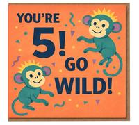 5th Birthday Card for Kids - You're 5! Go Wild - Cheeky Monkeys Jungle Theme, Fun Bright Orange Design, For Boy or Girl