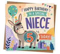 5th Birthday Card for Niece, Funny Balloons Party Design | Blank inside for your own message; premium 360gsm card with matching envelope, designed and printed in the UK