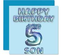 5th Birthday Card for Son - Blue Glitter Party Balloons - Happy Birthday Cards for 5 Year Old Son from Mum Dad Parents, 145mm Bday Greeting Cards Gift