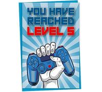 5th Birthday Card, You Have Reached Level 5, Greeting Card for Five Year Old Gamer Boys or Girls, Birthday Gift for Gaming Son or Daughter, Grandson Granddaughter, Blue