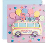 5th Birthday Cards for Girls - Balloon Bus - Happy Birthday Card for 5 Year Old Girl Granddaughter Niece Daughter Cousin, 145mm Bday Greeting Cards