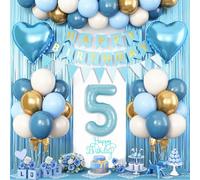 5th Birthday Decorations Blue White Gold,Happy Birthday Banner with Number 5 Foil Balloon Fringe Curtain Cake Topper for 5 Year Old Boys Party Decor