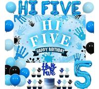 5th Birthday Decorations Boys Blue, Hi Five Happy Birthday Backdrop Cake Cupcake Topper Blue Black Balloons Number 5 Hi Five Foil Balloon for Boy 5 Year Old Birthday Party