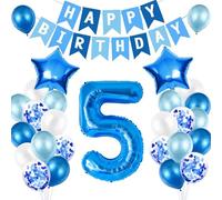 5th Birthday Decorations for Boys, Number 5 Balloon, Blue Silver 5th Party Decorations, Happy Birthday Bunting Banner, 32inch Foil Number 5 Balloons Set for Birthday Party Anniversary Decorations