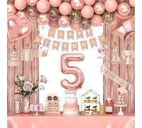 5th Birthday Decorations for Girls, Happy 5 Birthday Decorations for Her, Rose Gold Birthday Party Supplies with Banner, Number Balloons, Fringe Curtains, Hanging Swirls