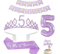 5th Birthday Decorations for Girls - Includes Sash, Tiara, Candles, Banner, Cake Toppers & 32in Digital Balloons