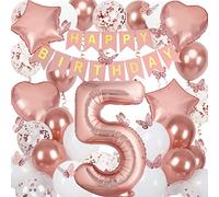 5th Birthday Decorations for Girls, Rose Gold 40 Inch Age 5 Foil Balloons with Happy Birthday Banner and Butterfly Stickers, for Baby Shower, Girls Women Party Decorations