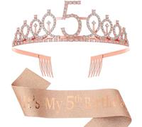 5th Birthday Decorations for Girls,Rose Gold Glitter Sash & Rhinestone Crown for 5 Year Old Girl Birthday Decor,Ideal Princess Gifts and Accessories for Little Birthday Girl