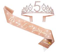 5th Birthday Decorations Girls, 5th Birthday Crown, It's My 5thBirthday Sash, Pearl Pin and Gold Pin Set, Rose Gold Princess Birthdays Party Decorations