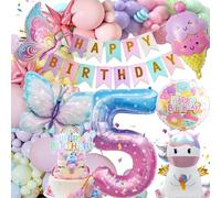 5th Birthday Decorations Girls, Unicorn Butterfly Foil Balloons, 5th Pastel Balloons, Happy Birthday Banner, Party Supplies for Kids Children Birthdays