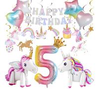 5th Birthday Decorations Kit with 3D Self Standing Unicorn, Star Heart Balloons, Hanging Swirls for Princess Theme Girls Kids Magical Party Supplies