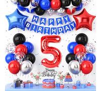5th Birthday Decorations Red Black Blue,Metallic Silver Blue Red 5th Party Balloons Star Foil Balloons Banner Cake Topper Kids Theme Birthday Party Decor for 5 Year Old Boys Kids