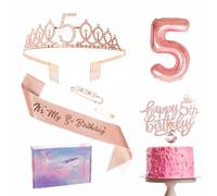 5th Birthday Decorations Set Rose Gold 5th Birthday Sash and Tiara Party Crown, Cake Topper and Candles, Foil 5 Number Balloons, Party Supplies, 5th Year Old Gifts for Girl