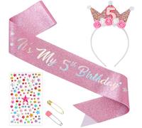 5th Birthday Girl Headband Decorations, Birthday Decoration for Girls Glitter Sash and Tiara, Birthda y Girl Sash, Pink Flower Princess Crown Headband mit Rhinestone Stickers, for Outfit Accessories