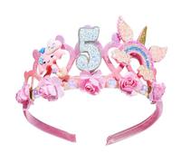 5th Birthday Headband Cute Pink Flower Crown Rainbow Princess Tiara Hair Band Decorations Number 5 Bling Aesthetic Decor for Birthday Party Accessory Gift