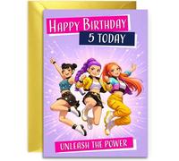 5th Birthday K-Pop Girls Birthday Card, Kpop Colourful Popstar Unleash the Power Design, Verse Inside for Girl 5th Birthdays 5th Daughter, Friend or Sister, A5 Size Card with Gold Envelope