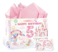 5th Birthday Party Gift Bag for Girls Pink Rainbow Horse Wrapping Paper with Tissue Paper Greeting Card Colorful Birthday Gift Bag 5 Number Sign Bag Pink Castle Theme Baby Shower Decor Supplies